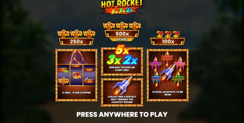 Hot Rocket 5x 3x 2x - pangunahing menu na may reels at start button